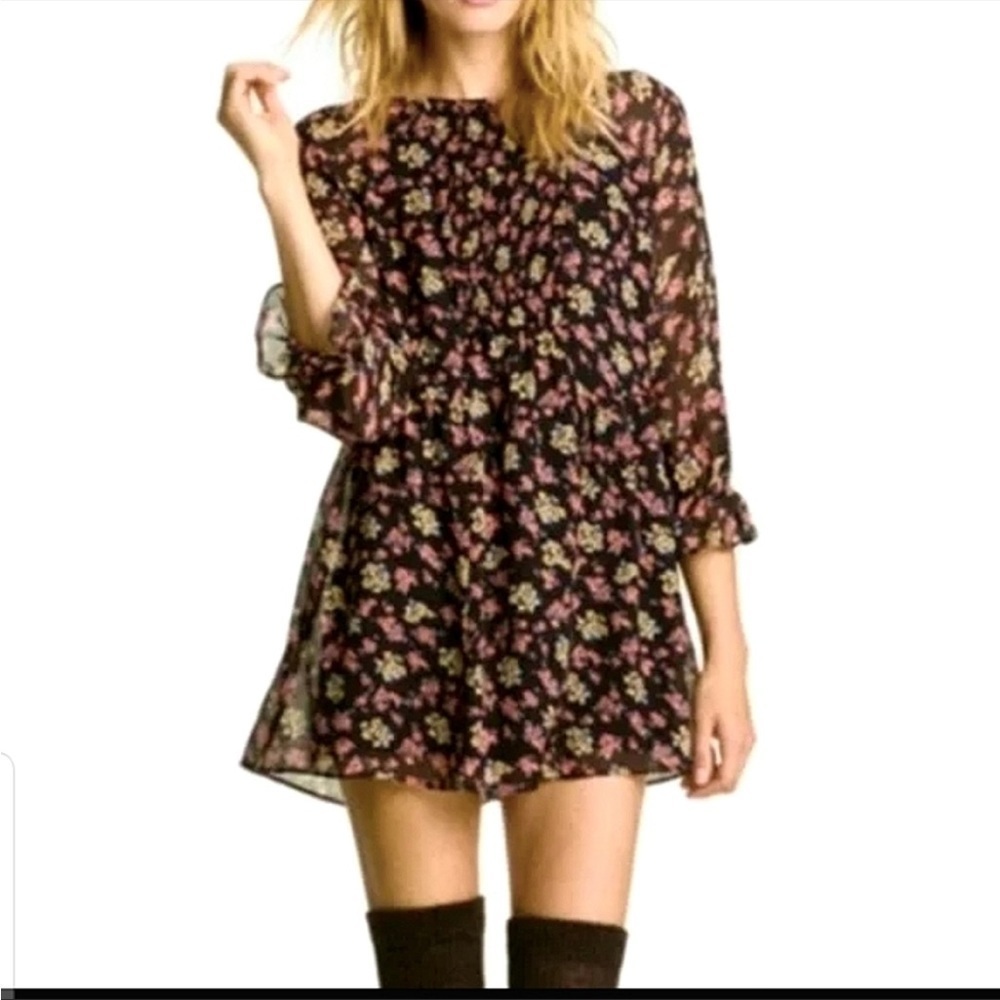 Free People Doll Pants Chiffon Baby Doll Ditsy Floral Dress w/ Smocked Bodice 2 - Picture 2 of 10